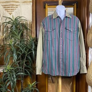 Vintage Western Essentials Striped Shirt XL 80s 90s Tan Green Cotton Button Down
